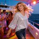 MAYSTEPPE Women Sequin Top Sexy V Neck Balloon Long Sleeve Sequin Shirt Sparkly Glitter Party Tops Blouse for Party Club (Silver, S)