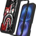 Street Fashion Cool Camo Red Gray Zipper Shark Design Compatible with iPhone 16 Case for Boys Man Luxury Shockproof Rugged Cover Dual Layer Soft TPU + Hard PC Bumper Full-Body Protective Case