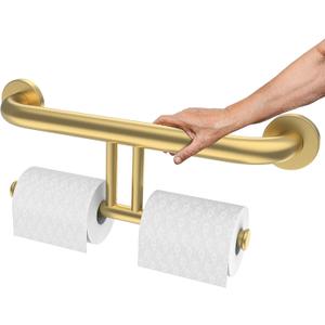 Brushed Gold Grab Bar for Bathroom 17 Inch, Zepolu Stainless Steel 2-in-1 Safety Handrail w/Double Toilet Paper Holder, Wall Mounted Balanced Support Bar Assist Handle for Senior Elderly Handicap