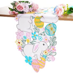 cnomg Easter Table Runner Embroidered Floral Eggs Bunnys Colorful Flower Dresser Scarf Spring Holiday Home Kitchen Dining Tabletop Decoration 14x34 Inches