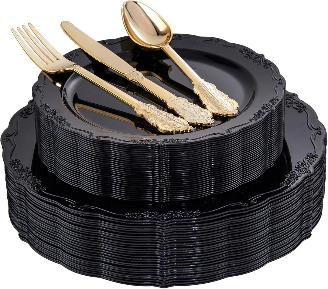 DaYammi 150Pcs Black Plastic Plates & Gold Plastic Silverware,Black Disposable Plates Set Include 30 Dinner Plate, 30 Dessert Plate,30 Golden Knives,30 Gold Forks,30 Golden Spoons for New Year Party