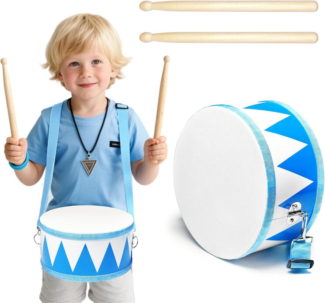 Kids Drum Set,8" Wooden Drum Toys with Adjustable Strap and 2 Drumsticks,Sensory Musical Instrument for Toddler Boys & Girls,Party Gift(Blue)