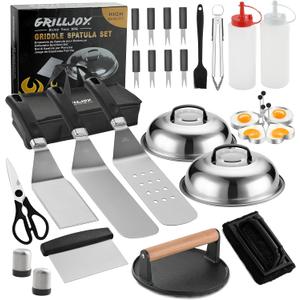 grilljoy Professional Griddle Accessories Kit Set with Smash Burger Press - Extra Thick Grill Spatula, Turner, Flipper - 28PCS Flat Top Grill Tools Kit for Outdoor Barbecue Teppanyaki Camping Cooking