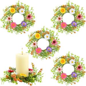 4 Pcs Spring Flower Candle Rings Artificial Floral Wreaths for Summer Floral Pillar Candle Holder for Mother's Day Table Centerpieces Church Wedding Party Home Decor