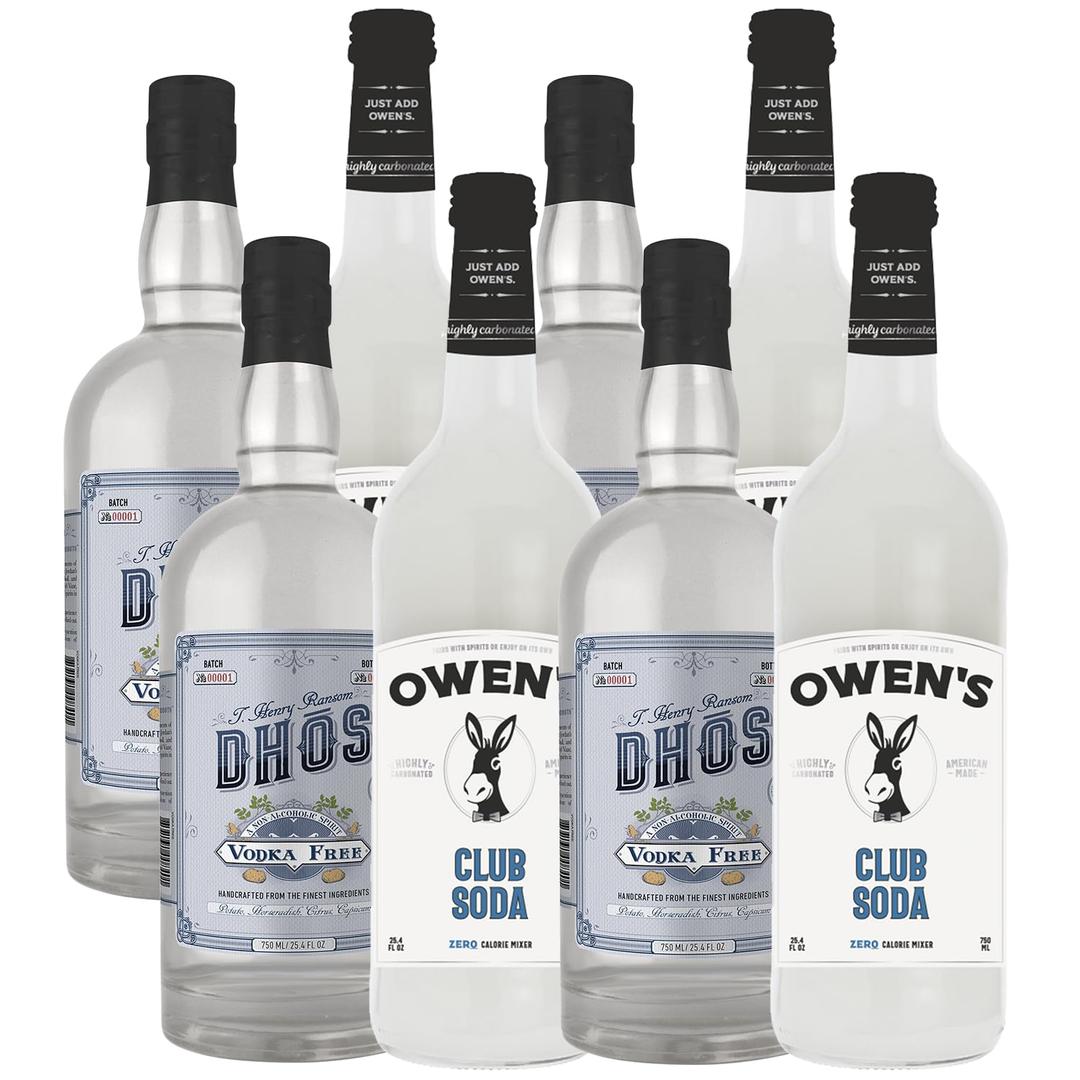 Dhs Handcrafted Non-Alcoholic Vodka 750 ML Bottles w Owens Mixers Club Soda 750 ML Bottles - Keto-Friendly, Zero Sugar, Zero Calories, Zero Proof - Perfect for Mocktails - Made in USA (4 Pack) (Missing One Bottle Of Club Soda)