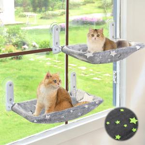 2PC Cat Window Perch, Glow in The Dark Cordless Foldable Pet Hammock Bed for Window with Sturdy Metal Frame, Glowing Stars Pattern Resting Seat for Indoor Cats (2PC Stars - L)