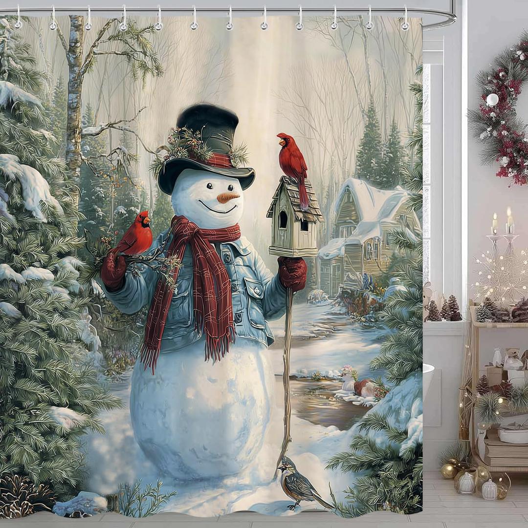 Christmas Snowman Shower Curtain, Cute Xmas Snowman Snow Forest Rustic Farmhouse Shower Curtain for Bathroom Set, Fabric Bath Curtains Sets with Hooks 72x72 Inch
