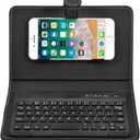 Portable Bluetooth Keyboard with Leather Case Cover with for 4.5''-6.8'' iOS, Android and Windows Smart Phones, Detachable with Kickstand (Black)