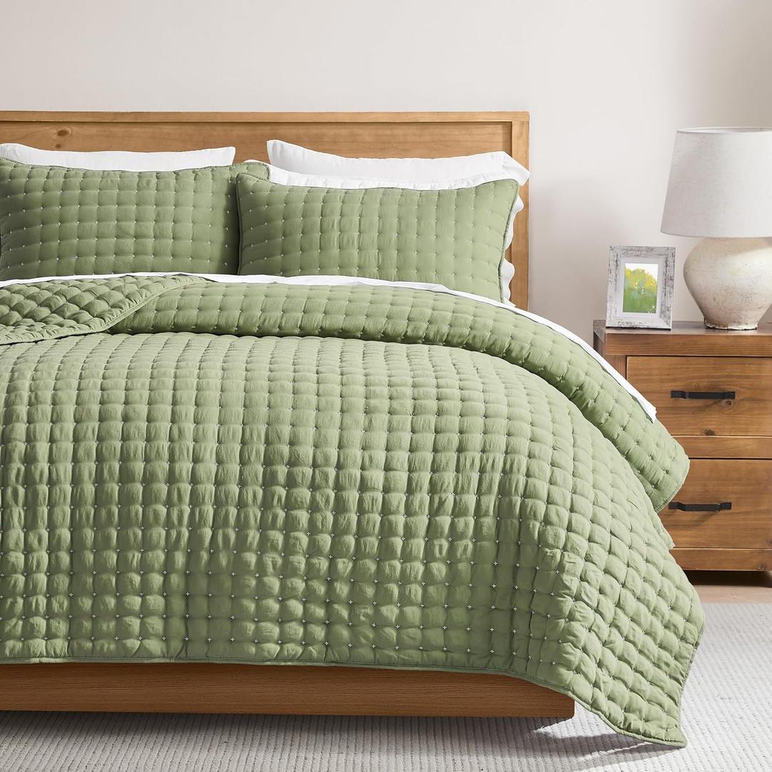 Green Twin Size Quilt Bedding Sets with Pillow Sham, Dark Sage Olive Lightweight Soft Bedspread Coverlet, Quilted Blanket Thin Comforter Bed Cover, All Season Summer Spring, 2 Pieces, 68x90 inches