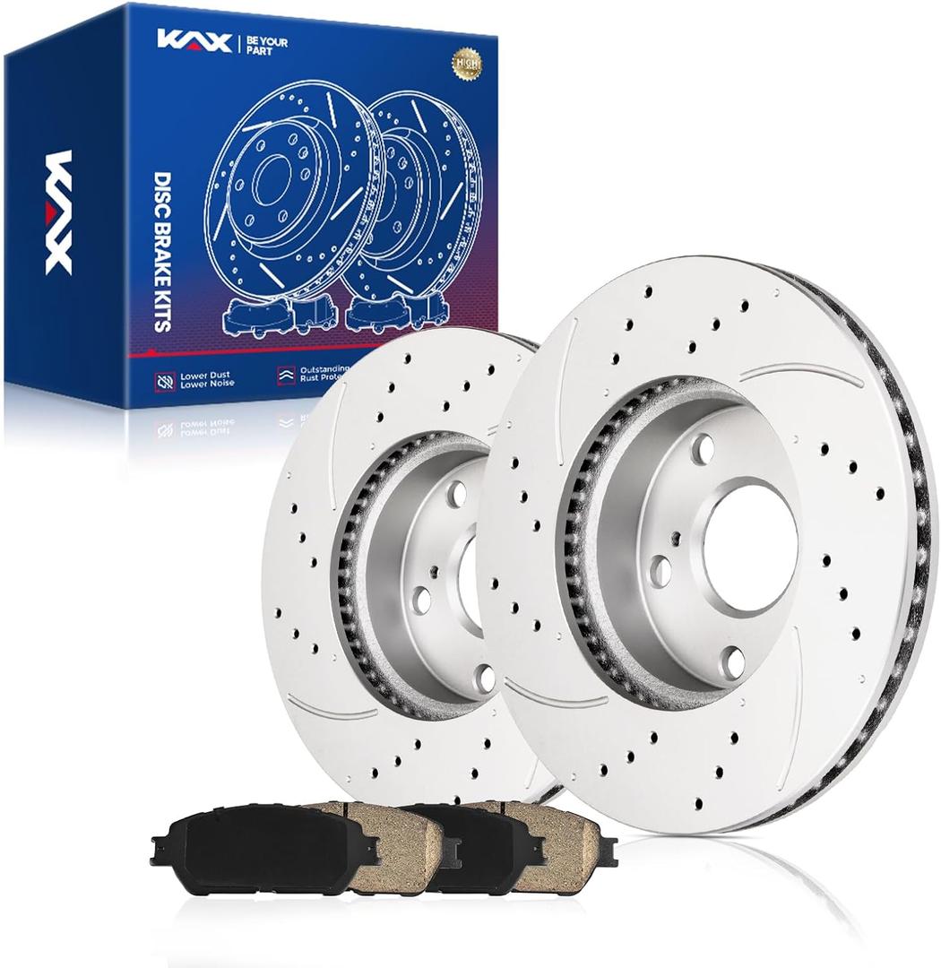 KAX Front Brake Kit, Drilled and Slotted Brake Rotors, Ceramic Brake Pads | Fits Toyota Tacoma 2005 2006 2007 2008 2009 2010 2011 2012 2013 2014 2015 (5-Lug), Automotive Replacement Brake Kit (31428-D906)