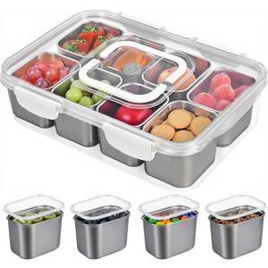 Snackle Box Container, 304 Stainless Steel Snack Containers, Snacklebox, Divided Serving Tray with Lid and Handle, Portable Snack Tray for Beach, Road Trip, Picnic, Boat Days, Ball Games and Pool (Silver Gray)