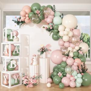 153Pcs Pink and Sage Green Balloon Arch Kit, Baby in Bloom Baby Shower Decorations for Girl Boxes with Letters (A-Z+Baby) for Boho Floral Baby Shower Birthday Gender Reveal Party Supplies