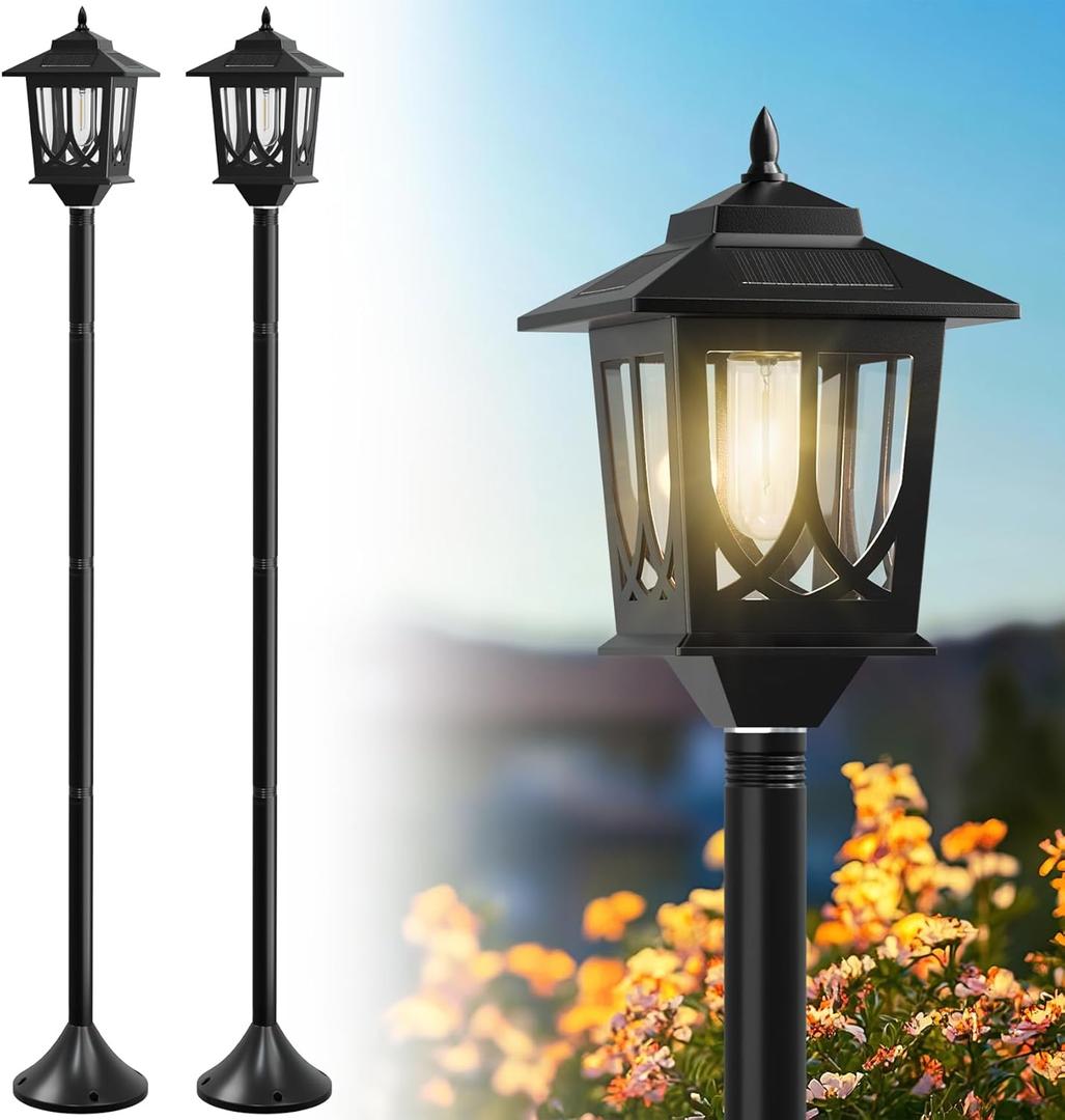 63" Solar Lamp Post Light 2 Pack, Solar Light Posts for Outside Waterproof, Outdoor Lamps for Patio, Backyard, Front Porch Decor, Warm White, Replaceable Bulb (Black)