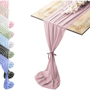 Silky Touch Chiffon Table Runner with Two Style Ribbon Ties, 10ft. Dusty Rose Pink Table Runner, Wedding Table Runner 29x120 Inches, Great Runner for Halloween Party, Christmas Event & Elegant Dining