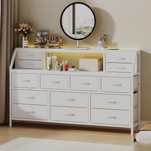Dresser for Bedroom, 55" TV Stand with 14 Drawers, Long Dresser & Chests of Drawers with Shelves & Sturdy Metal Frame & Wood Top (White)