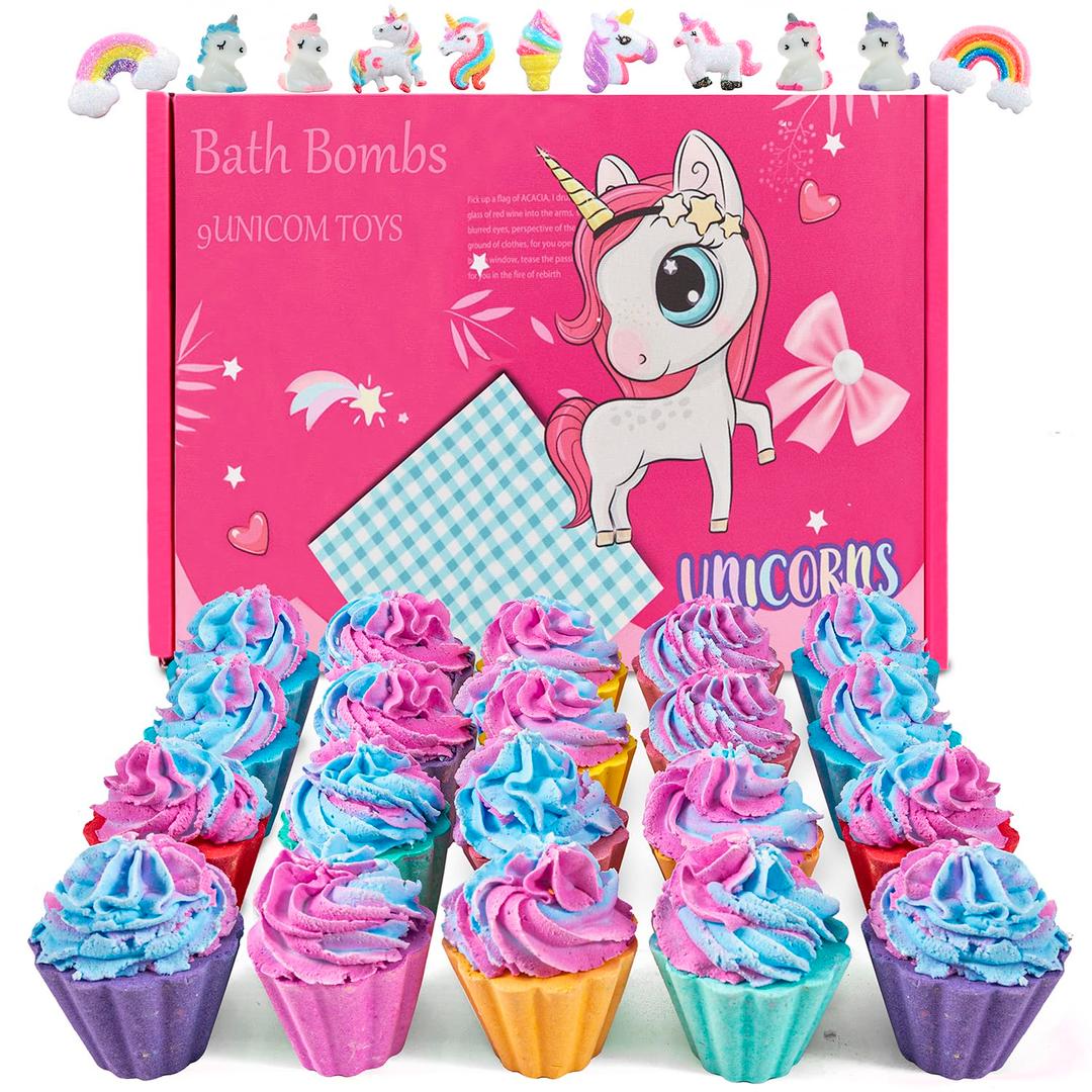 Bath Bombs for Kids with Surprise Unicorn Inside, 20 Kids Bath Bombs Gift Set, Handmade Bubble Bath Fizzes Bomb for Chrildren Birthday Christmas and Party Favor Christmas Gifts Set for Girls (Rose)