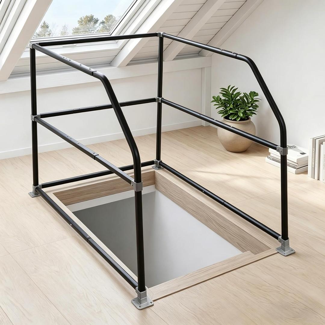 Lift Attic Ladder Safety Railing, Three-Layer Safety Handrail, Adjustable Attic Ladder Climbing Assistance Railing, Three-Sided Guardrail Reduce Fall Risk for Ascend Descend at Storage Loft