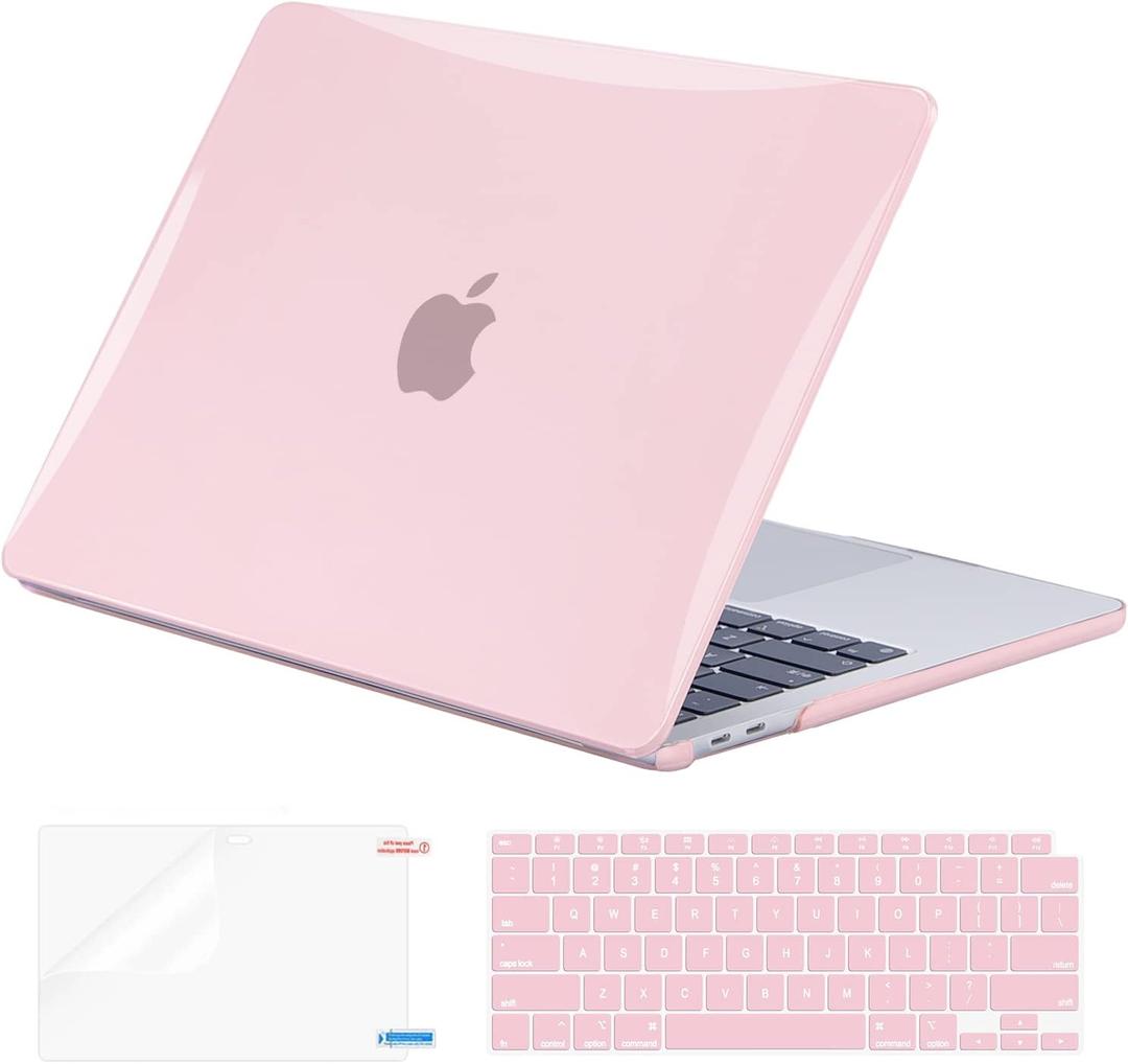 EooCoo Hard Case Compatible with MacBook Air 13 inch M1 Chip 2021-2018 with Retina Display, Air 13.3 inch Plastic Protective Case + Transparant Keyboard Cover + Screen Protector, Crystal Pink