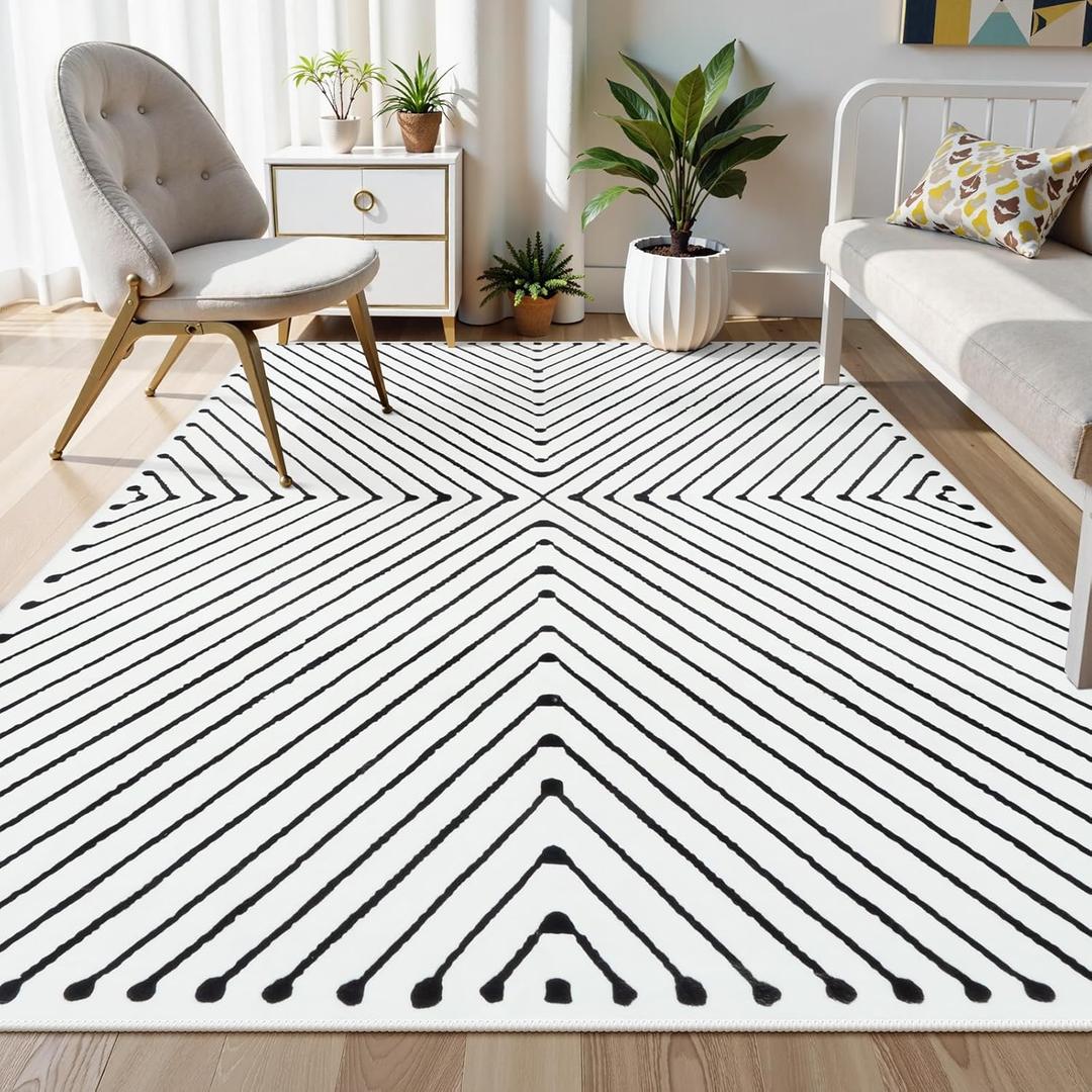 LIVEBOX Washable 5x7 Area Rug, Modern Area Rugs for Living Room, Non-Slip Non-Shedding Large Geometric Rug Indoor Carpet for Bedroom Dining Room Home Office (01-ivory/Black)