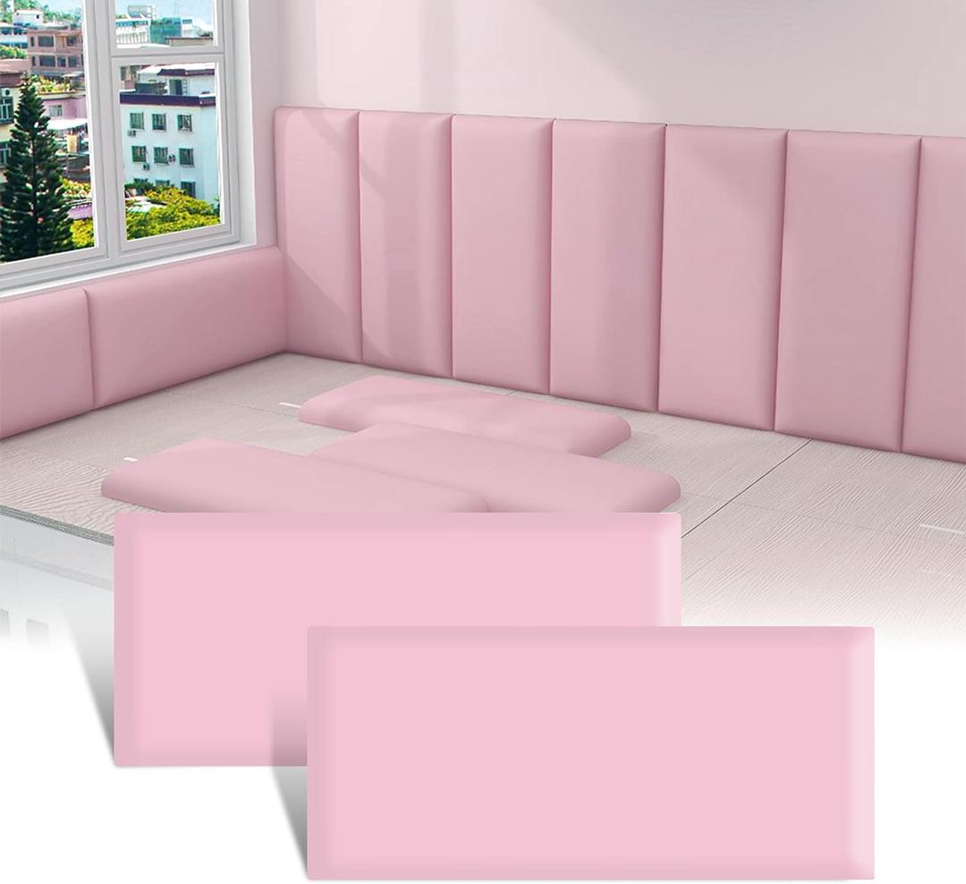 3D Anti-Collision Wall Padding for Kids, Peel and Stick Upholstered Wall Panels, Queen Headboard, Playroom Decorative Protection Wall Stickers, Pack of 2 Panels Sized 23.6 X 11.8 (Pink)