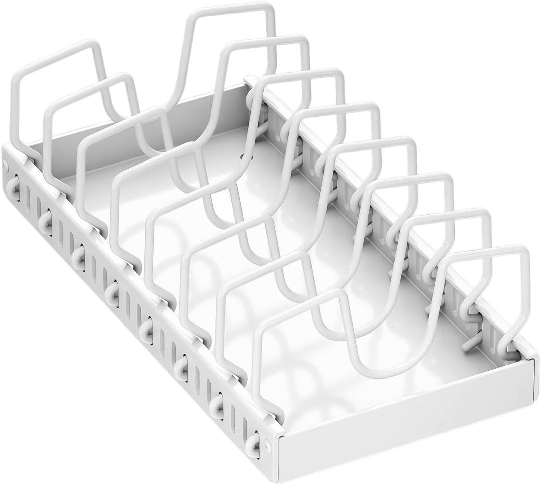 Pots and Pans Organizer Under Cabinet, 10 Adjustable Dividers, Pull Out Pot Lid Organizer Holder, Adhesive Holder Rack, Space-Saving Vertical Storage, for Kitchen Cabinet Pantry (White)