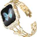 WINGLE for Gold Apple Watch Band and Case Women 40mm SE 3/2/1 Series 6 5 4, Butterfly Sparkle Diamond Metal Bands Rhinestone Crystal Bracelet iWatch Jewelry Chain with Bling Screen Protector, 40 mm