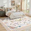 BLEUM CADE 5' x 7' Beige Butterfly Insect Rugs for Bedroom, Washable Low Pile Non-Slip Area Rug for Living Room Dining Room Kitchen Nursery Office Playroom