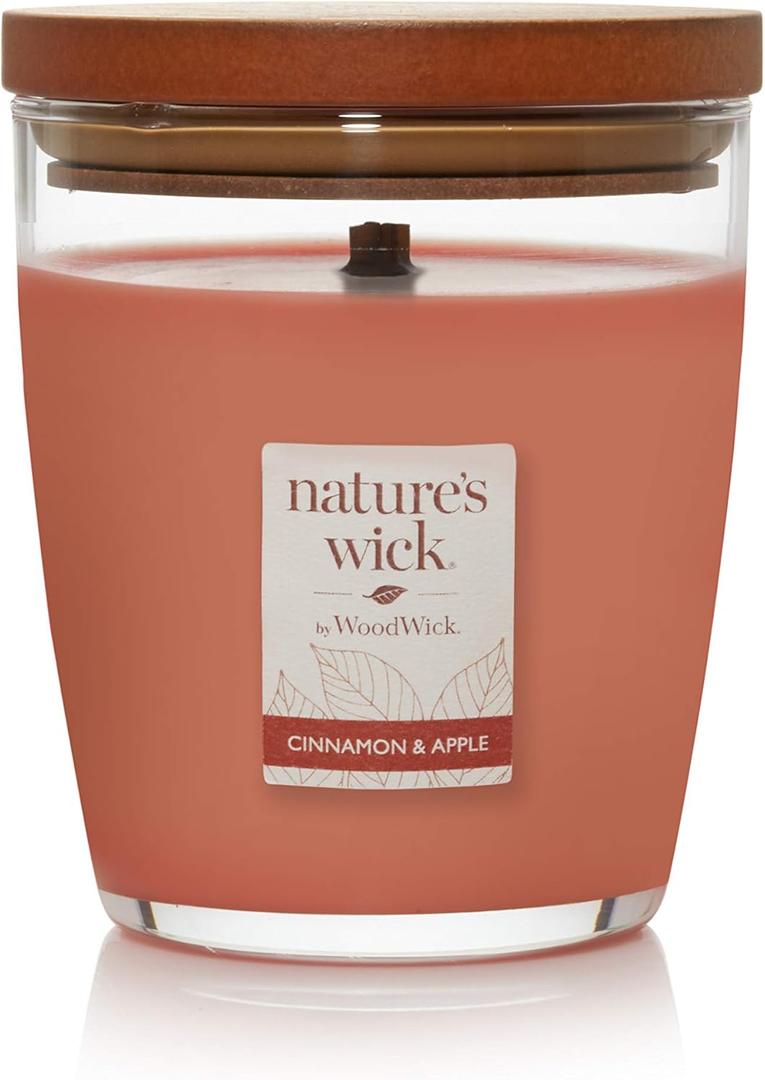 WoodWick Nature's Wick Cinnamon & Apple Scented Candle, 10oz with Wooden Lid, Crackles at it Burns, Fall