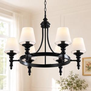 29.9" Black Wagon Wheel Chandelier 6-Light Modern Farmhouse Chandeliers with White Fabric Shades Rustic Hanging Dining Room Light Fixture Over Table Vintage Pendant Light for Living Room Bedroom Foyer