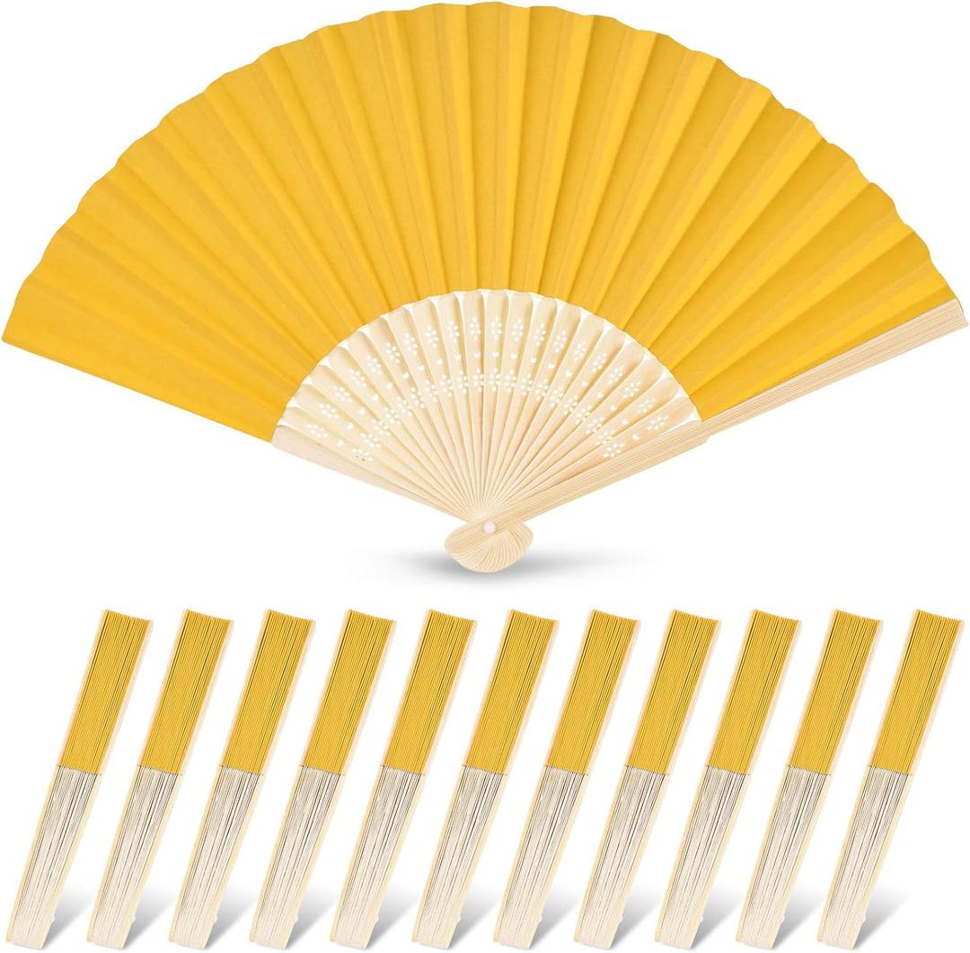 JOHOUSE 12 Pcs Yellow Paper Folding Hand Fans, 8.3 Inch Handheld Portable Decorative Fans for Wedding, Outdoor Party Favors, Bridal Shower DIY Crafts Photography Prop Summer Cooling Supplies