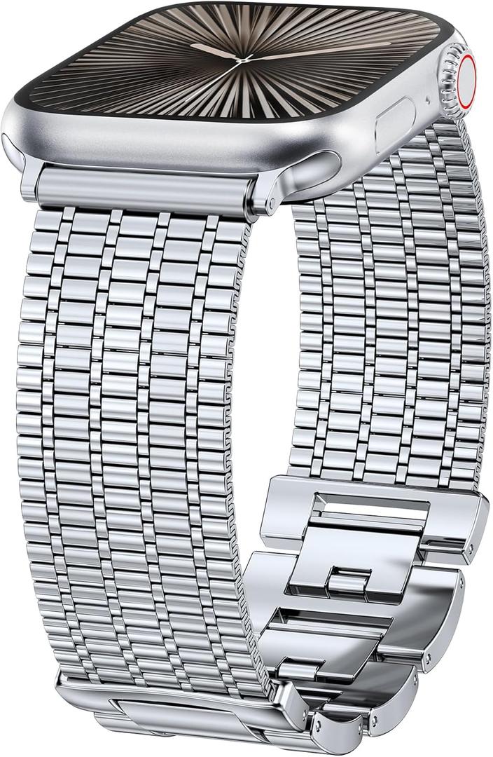 Moolia Stainless Steel Band Compatible with Apple Watch Strap 40/42/41/38/44/46/45/49mm Women, Dressy Fancy Bracelet Metal Mesh Link Wristband for iWatch Series 11 10 9 8 7 6 5 4 3 SE/Ultra 3 2 1 (Silver)