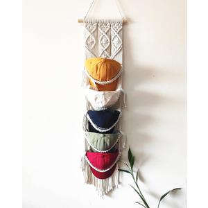 Macrame Cap Holder, Boho Hats organizer for baseball Caps, Hat Rack for Wall Hanging Decoration, Cap Rack for collection Display, Handmade Cap Hanger Storage Organizer (Five hats)