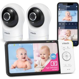 VTech RM5764-2HD 1080p Smart WiFi Remote Access 2 Camera BabyMonitor, 360 Pan & Tilt, 5" 720p HD Display, Night Vision, Soothing Sounds, 2-Way Talk, Temperature & Motion Detection, iOS & Android