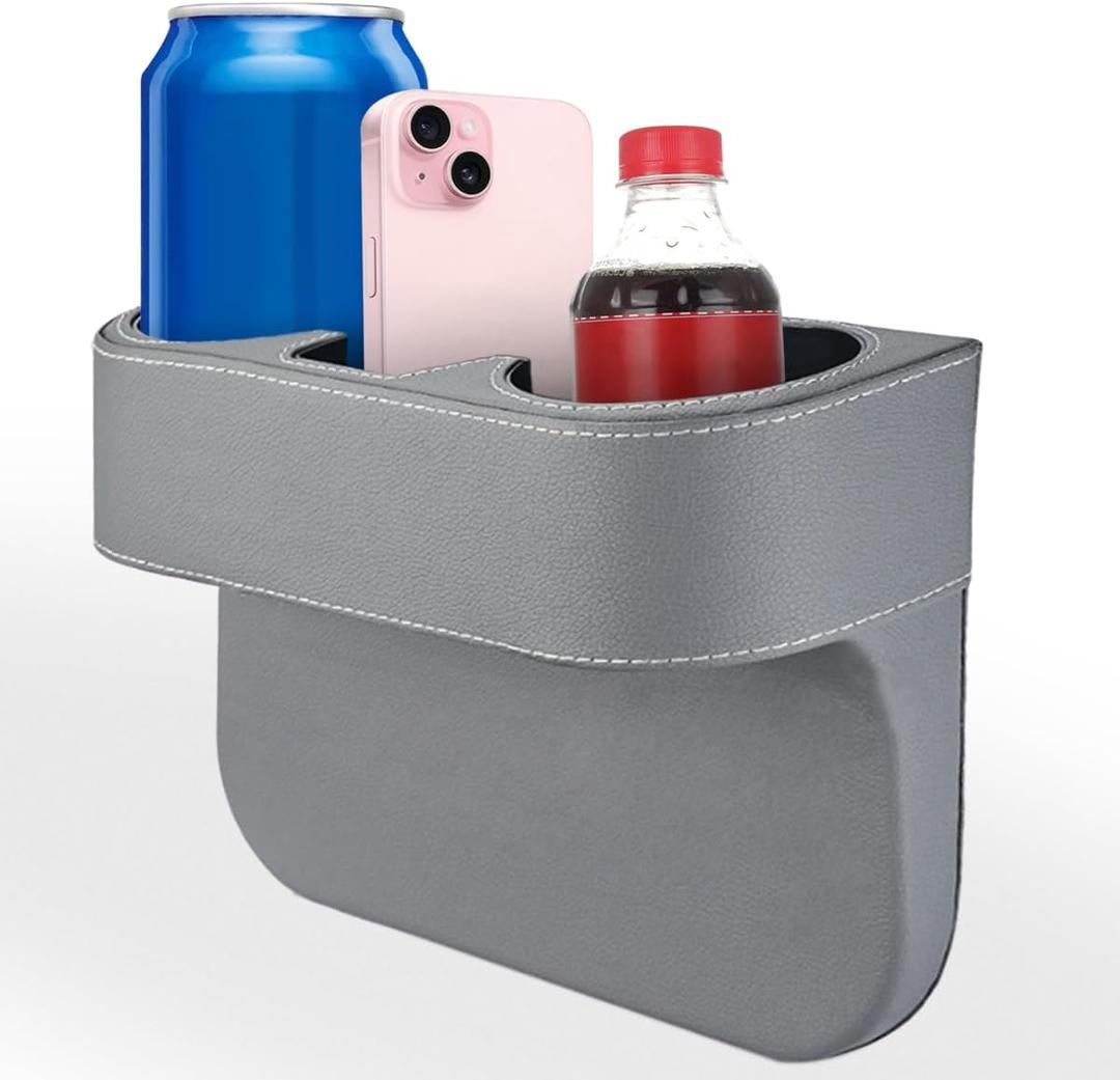 Car Cup Holder, Auto Front Seat Organizer, Multifunctional Cup Drink Holders with PU Leather Cover, Gap Filler Storage Box Coin Bucket Console Side Pocket Cell Mobile Phone Holder (Gray)