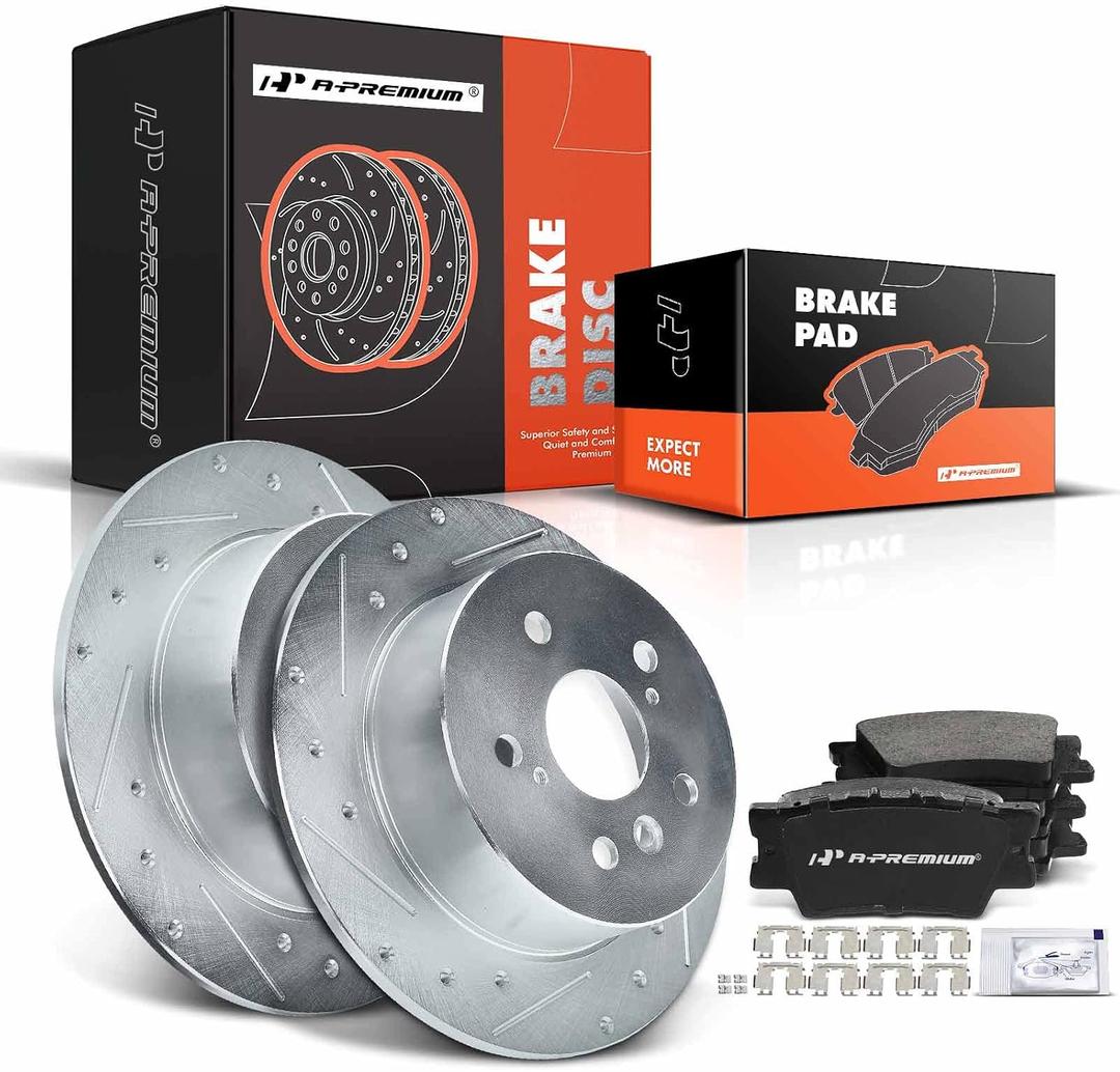A-Premium 11.06 inch(281 mm) Rear Drilled and Slotted Disc Brake Rotors + Ceramic Pads Kit Compatible with Select Toyota and Lexus Models - Camry 2007-2011, Avalon 2008-2012, ES350 2007-2012, Sedan