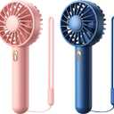Warmco Mini Portable Fan 2-Pack - 3 Speed Rechargeable Handheld & Desk Fan with Base, Compact Cooling for Travel, Makeup, Summer Gift (Blue & Pink)