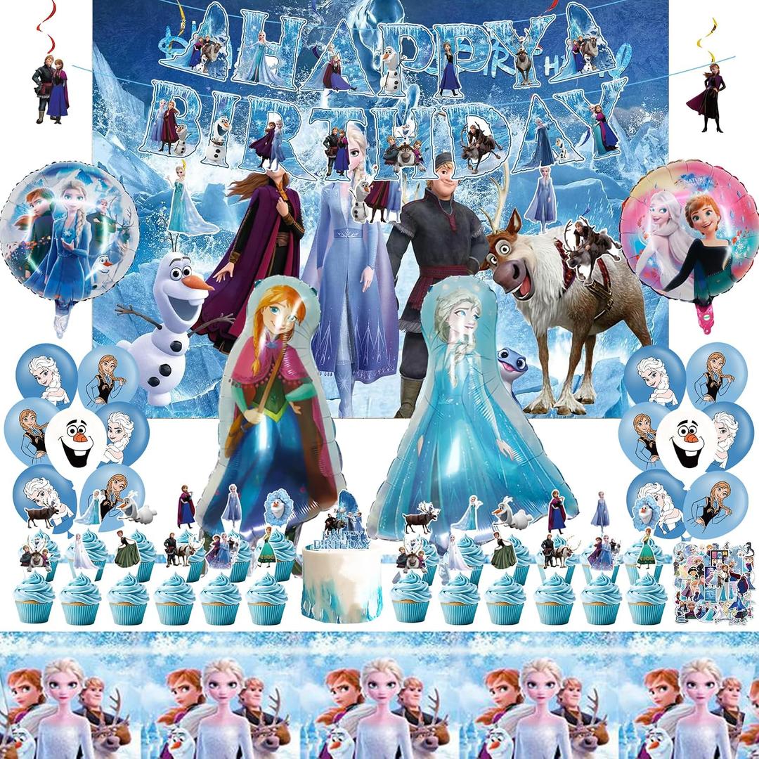 Cartoon Birthday Party Decorations Set with Latex Balloons | Foil Balloons | Happy Birthday Banner | Cake Toppers | Tablecloth | Hanging Swirls | Stickers for Winter Princess Theme Celebration