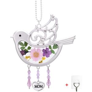 Laraine Bird Suncatcher with Pressed Flower Wings Mather's Day Birdie Glass Wind Chime Ornament Charm with Metal Heart Gifts for Mom Grandma Aunt Birthday (Pink, Mom)
