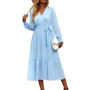 PRETTYGARDEN Women's Floral Boho Dress Fall Long Sleeve Wrap V Neck Ruffle Flowy Maxi Spring Wedding Guest Vacation Dresses (Solid Light Blue)
