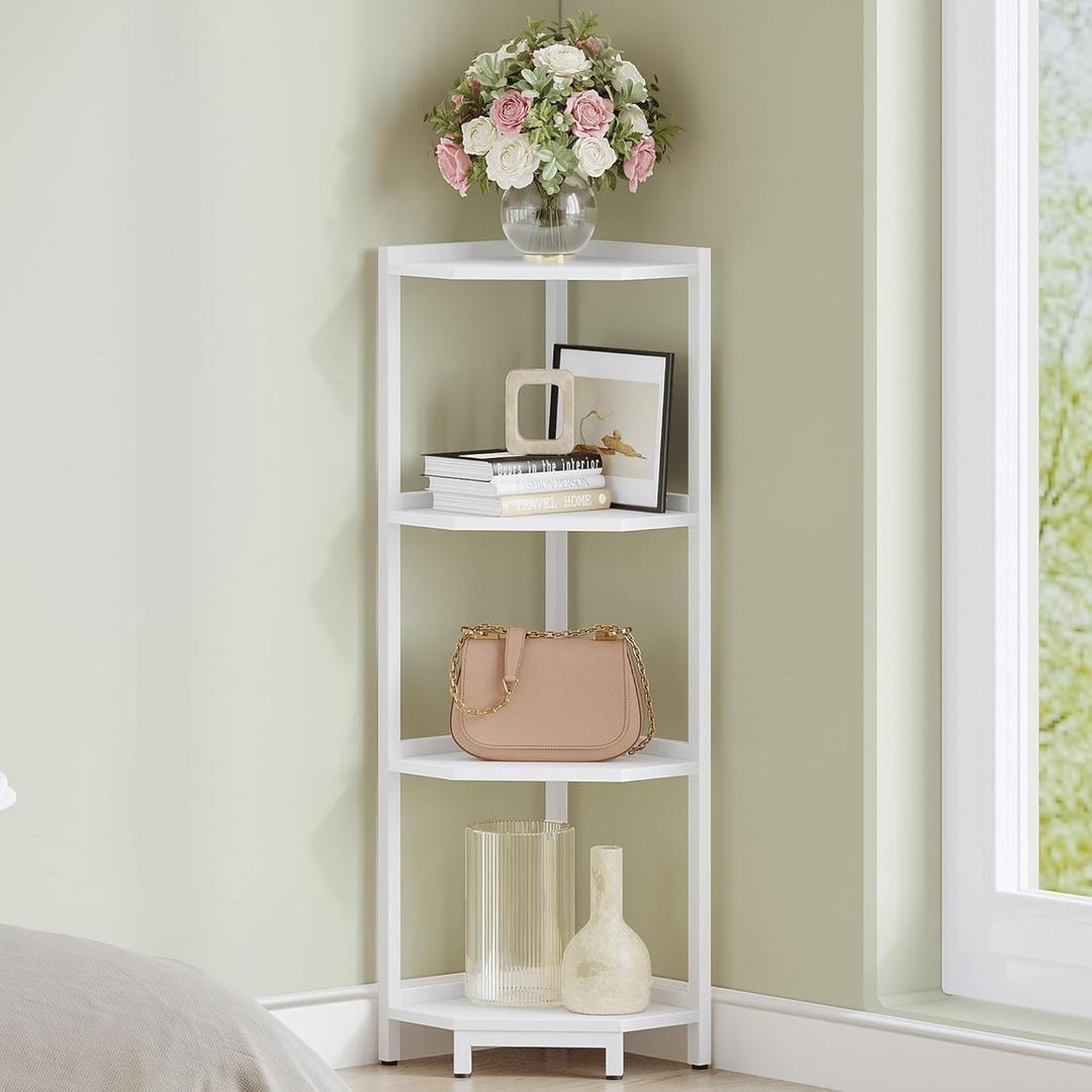 Corner Shelf Stand, Corner Bookshelf, Storage Standing Shelf Unit with Metal Frame, Plant Stand, Bookcase for Living Room, Home Office, Bedroom, 4-Tier White CS05813W