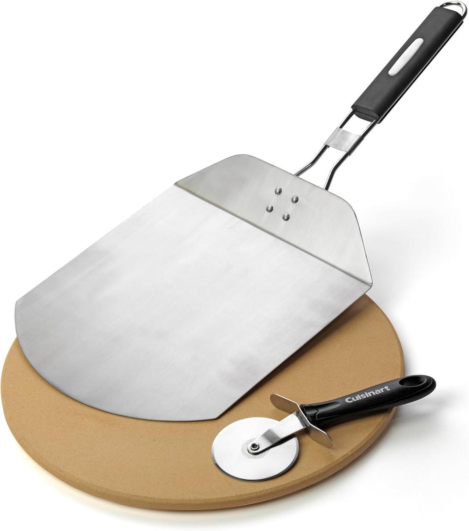 Cuisinart 3 Piece Pizza Grilling Pack, 13 Round Pizza Stone for Grill with Cutter and Foldable Stainless Steel Peel, Complete Set to Build Your Own Pizzas at Home