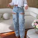 Women's High Waist Baggy Cargo Jeans Sexy Rhinestones Ripped Straight Wide Leg Denim Pants Y2K Streetwear with Pockets (Blue, L)