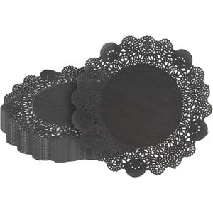 Pastry Tek 8 x 8 Inch Paper Lace Doilies, 100 Disposable Table Doilies - Elegant Lace Finish, Long Lasting, Black Paper Doily, for Pastries, Cupcakes, Desserts - Restaurantware
