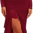 Nova In Sky Women's Sexy Ruched Bodycon Midi Dress Mesh Long Sleeve Ruffle Hem Formal Wedding Guest Cocktail Party Dress (Burgundy)