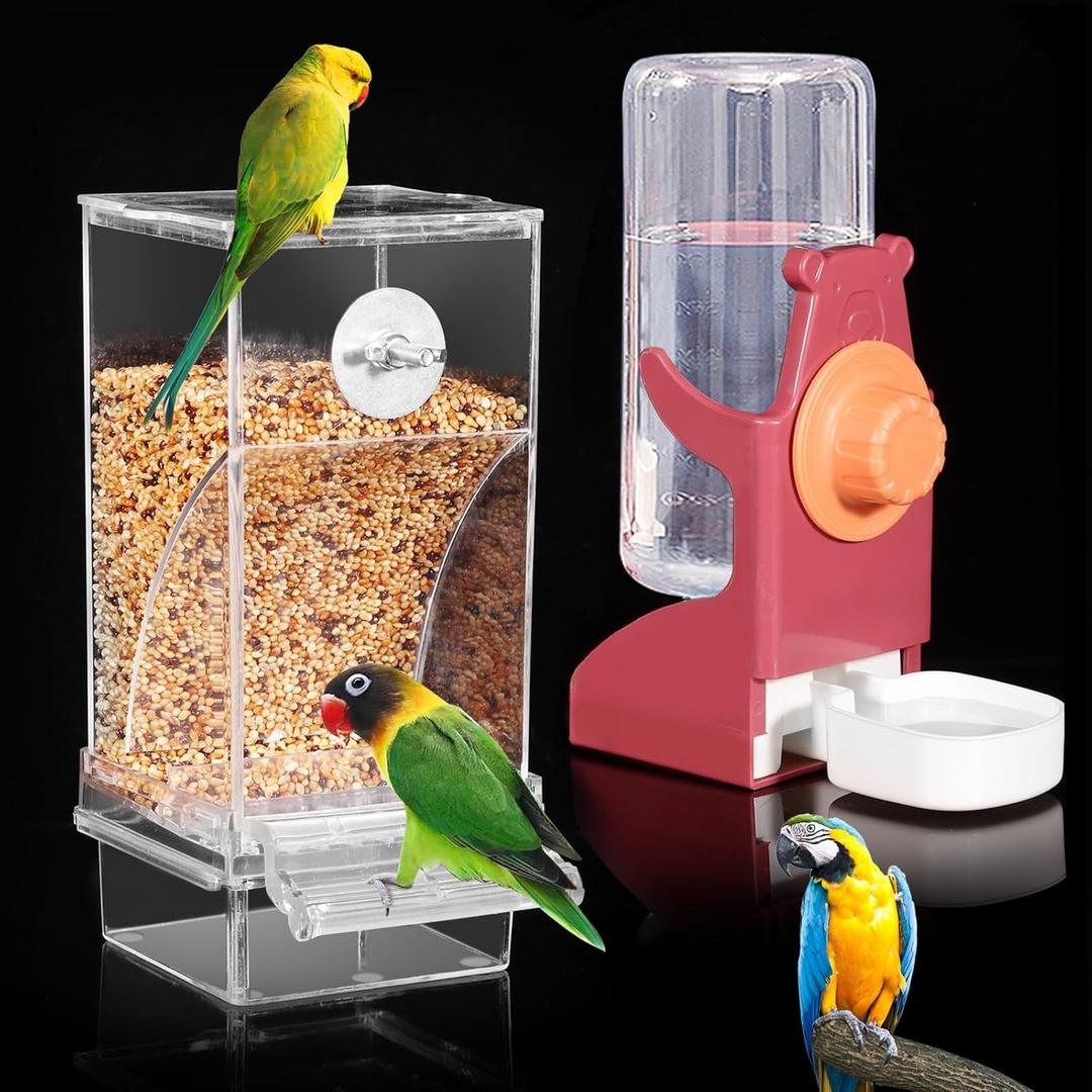 Bird Water Dispenser, Automatic Bird Feeder for Cage,No Mess Bird Feeder, Parakeet Seed Container Food Feeder Drinker for Cage, Parrot Feeder Cage AccessoriesCockatiel Canary Lovebirds Budgies (Red)