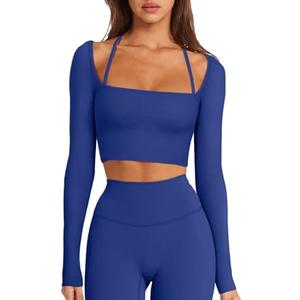 LASLULU Womens Sexy Square Neck Crop Top Ribbed Seamless Long Sleeve Workout Tops Halter Neck Athletic Yoga Dirty, Size Small