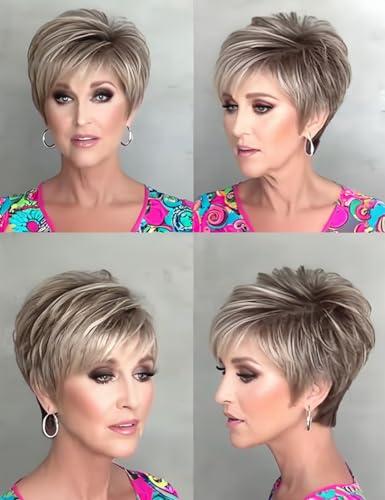 TISHINING Short Ombre Grey Pixie Cut Wigs for White Women with Bangs Synthetic Grey Blonde Wig with Dark Roots Natural Layered Short Hair Wigs for Women