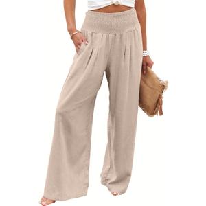 ANRABESS Women Linen Palazzo Pants Summer Boho Wide Leg High Waist Casual Lounge Pant 2026 Beach Travel Vacation Outfits, Small