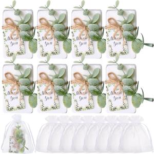 Demissle 60 Sets Mini Soap Baby Shower Wedding Favors Small Scented Bars Bridal Shower Gifts for Guests White Hand Soaps with Mini Faux Eucalyptus Greenery Gift Cards Organza Bags for Birthday Party