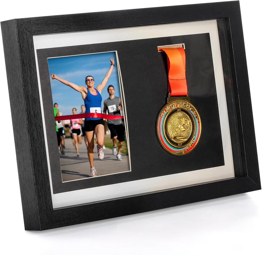 Hacaroa Medal Display Shadow Box, Single Medal and Photo Display Frame Case, Wood Marathon Medal Storage Box for Runners, All Sports Winners, Military Awards, Black (13"Lx9.5"W)